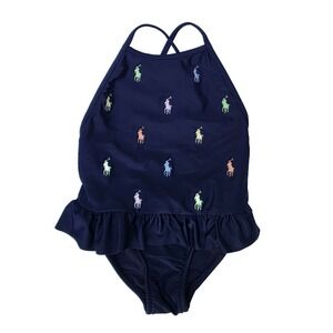 Polo Ralph Lauren Baby Girl Swimsuit 9M Navy Blue Multicolor Pony Ruffle EUC
